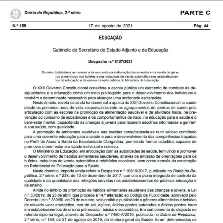 Despacho n.º 8127/2021 | Normas ter em conta na elaboração das ementas e na venda de géneros alimentícios nos bufetes e nas máquinas de venda automática nas Escolas