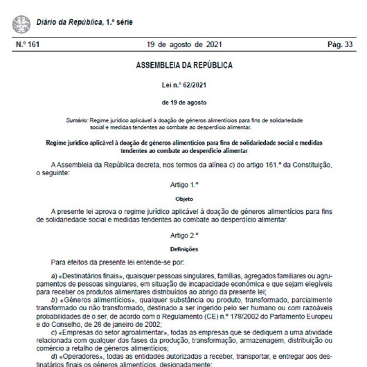 Lei n.º 62/2021 | Regime jurídico aplicável à doação de géneros alimentícios para fins de solidariedade social e medidas tendentes ao combate ao desperdício alimentar