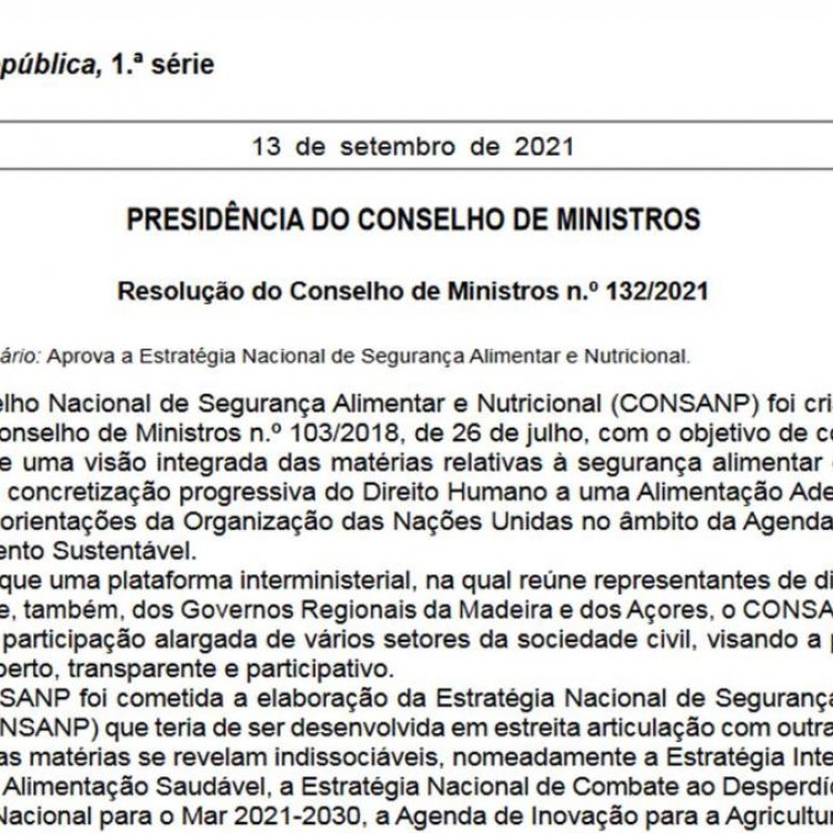 Resolução do Conselho de Ministros n.º 132/2021 - Aprovação da Estratégia Nacional de Segurança Alimentar e Nutricional